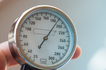 Blood pressure meter. Sphygmomanometer close-up. High pressure.