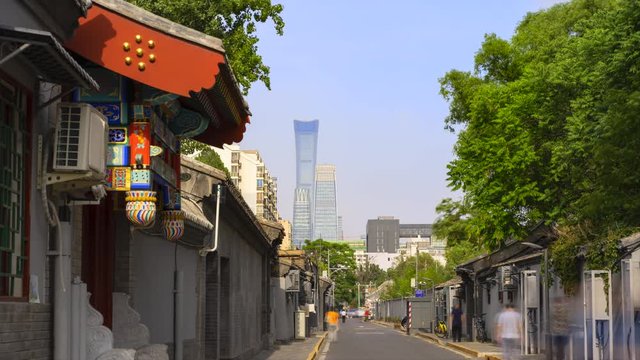 Timelapse.Beijing Landmark,Downtown Skyscrapers View from Alley,China