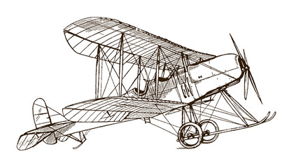 Historical British single-engine two-seat tractor biplane in side view, standing on the ground, ready for takeoff