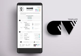 Modern online CV example design, resume vector template minimalistic creative style on a smartphone screen