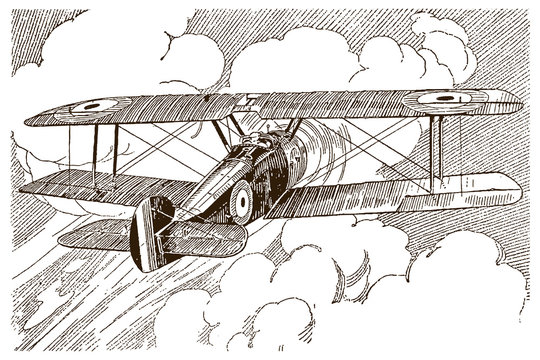 biplane flying through clouds, vintage style clip art preview