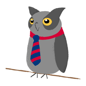 Textured vector illustration of an isolated grey owl wearing a tie and sitting on a branch.