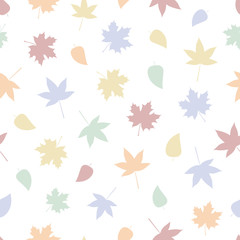 Vector seamless pattern of falling leaves in pastel colours on a white background.