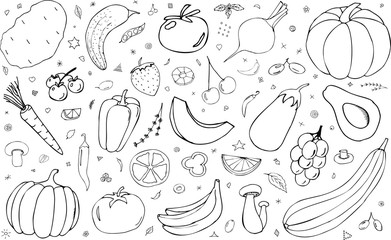 Vector Vegetarian  background with vegetables, fruits and berries. Useful for packaging, menu design and interior decoration. Hand drawn doodles. Vegetarian elements on a white background.