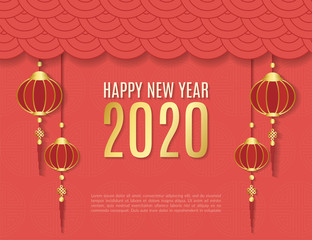 Naklejka premium Classic Chinese new year background. Hanging paper lanterns and 2020 Numbers on red background