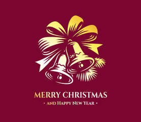 Merry Christmas and Happy New Year greeting card vector design with christmas bell. Hot stamping or foil stamping, relief printing.