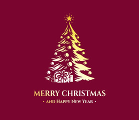 Merry Christmas and Happy New Year greeting card vector design with christmas tree. Hot stamping or foil stamping, relief printing.