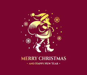 Merry Christmas and Happy New Year greeting card vector design with santa claus. Hot stamping or foil stamping, relief printing.