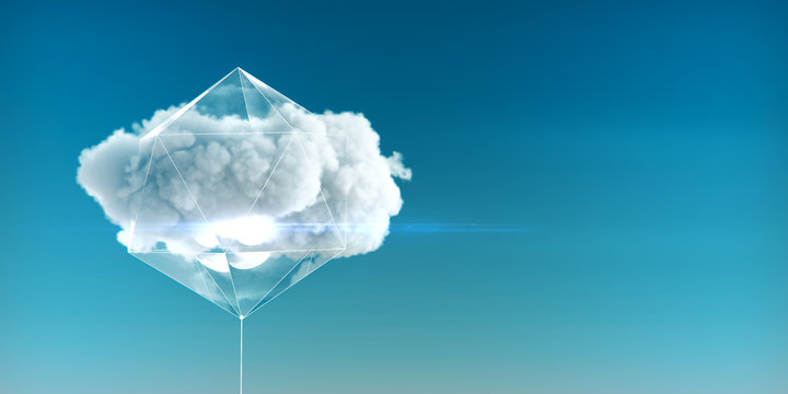 cloud enclosed in a crystal structure with luminous faces and glass sides concept of cloud service of cloud computing and big data 3d rendered illustration.