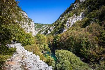 Beautiful and turquoise river Unac in village Martin Brod in Bosnia and Herzegovina