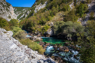 Beautiful and turquoise river Unac in village Martin Brod in Bosnia and Herzegovina