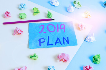 Fototapeta na wymiar Conceptual hand writing showing 2019 Plan. Concept meaning setting up your goals and plans for the current year or in 2019 Colored crumpled paper empty reminder blue yellow clothespin