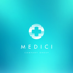 Medical cross logo sign on blue background. Corporate identity for clinic, hospital and health care. Fresh light colorful design. Web or print icon.