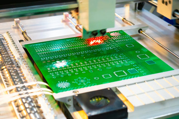 Production of printed circuit boards. The machine assembles the printed circuit Board in accordance...