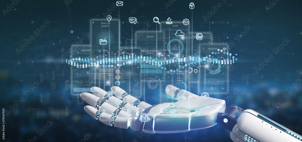 Poster cyborg hand holding user interface screens with icon, stats and data 3d rendering
