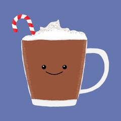 Vector illustration of a cute mug of hot chocolate cocoa with whipped cream, red and white candy cane and happy face.