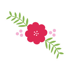 Vector illustration of an isolated red flower with green leaves and pink berries.