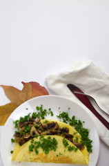 tasty mushroom omelette decorated with coloured leaves on white background