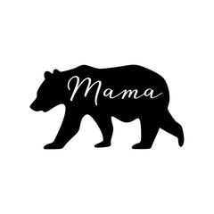 Vector illustration of an isolated black bear icon with the word mama written in modern calligraphy cut out of it - mama bear.