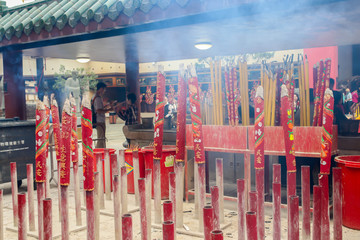 HONGKONG, HONGKONG - 31 March 2019 Big red incense sticks in Che Kung Temple, Hong Kong on 31 March, 2019