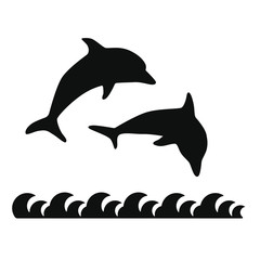 Silhouettes of dolphins jumping out of the water on a white background, vector logo.