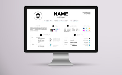 Modern online CV example design, resume vector template minimalistic creative style on a computer screen