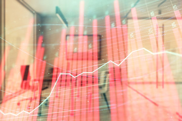 Business theme graph hologram with minimalistic cabinet interior background. Double exposure. Stock market concept.