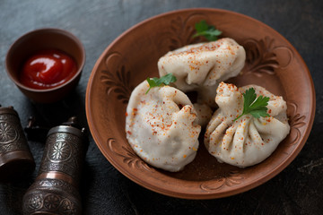 Georgian khinkali dumplings with meat stuffing in a ceramic plate, studio shot
