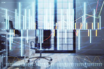 Forex chart hologram with minimalistic cabinet interior background. Double exposure. Stock market concept.