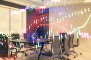 Double exposure of forex chart on conference room background. Concept of stock market analysis