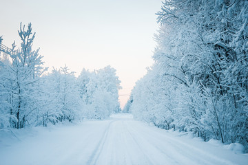 Beautiful fabulous winter landscape, the road going through the forest, everything is covered with snow.