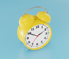 Yellow alarm clock, ringing, blue background 3d rendering