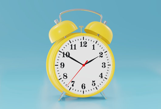 Yellow vintage alarm clock on tone color blue background. 3d rendering.