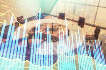 Multi exposure of stock market graph on conference room background. Concept of financial analysis