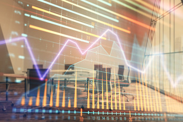 Multi exposure of stock market graph on conference room background. Concept of financial analysis