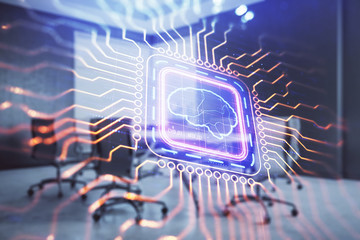 Double exposure of brain drawing hologram on conference room background. Concept of data analysis