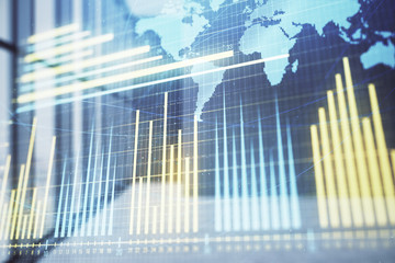 Double exposure of financial chart with world map on empty room interior background. International market concept.