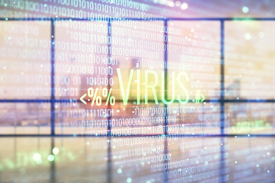 Double exposure of hacking theme drawings hologram on empty room interior background. Data security concept.