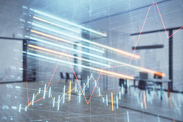 Stock and bond market graph with trading desk bank office interior on background. Multi exposure. Concept of financial analysis