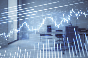 Stock market chart with trading desk bank office interior on background. Double exposure. Concept of financial analysis