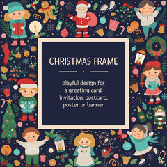 Vector Christmas square layout frame with children, Santa Claus, Angel on dark blue background. Holiday themed banner or invitation. Cute funny New Year card template..
