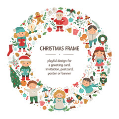 Fototapeta na wymiar Vector Christmas round frame with children, Santa Claus, Angel on dark blue background. Holiday themed banner or invitation framed in circle. Cute funny New Year card template..