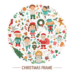Vector Christmas round frame with children, Santa Claus, Angel on dark blue background. Holiday themed banner or invitation framed in circle. Cute funny New Year card template..