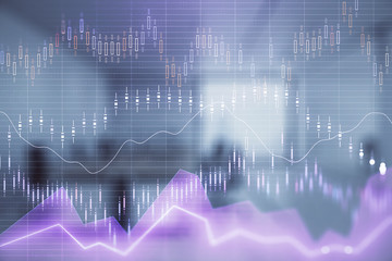 Stock market chart with trading desk bank office interior on background. Double exposure. Concept of financial analysis