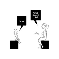 Robot and woman are talking. Vector black outline image.