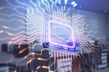 Human brain drawing with office interior on background. Double exposure. Concept of innovation.