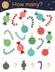 Christmas counting game with balls, candy canes, sweets. Winter math activity for preschool children. How many objects worksheet. Educational riddle with cute funny pictures..