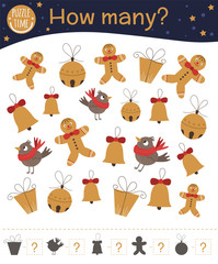 Obraz na płótnie Canvas Christmas counting game with gingerbread man, bell, present, bird. Winter math activity for preschool children. How many objects worksheet. Educational riddle with cute funny pictures..