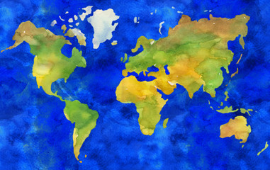 Illustration of hand painted Earth map in watercolor style.