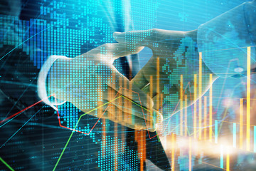 Double exposure of financial chart and world map on cityscape background with two businessmen handshake. Concept of international investment